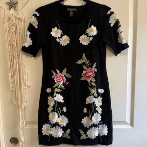 INC International Concepts Black Dress White and Pink Floral Embroidery Size M